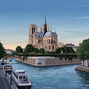 Vector illustration of Notre-Dame de Paris cathedral viewed from the Seine River featuring tour boats, stone embankments, flying buttresses, the Gothic spire, and city greenery.
