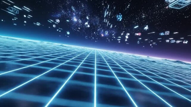 Futuristic digital landscape with glowing grid extending into a starry sky filled with geometric shapes