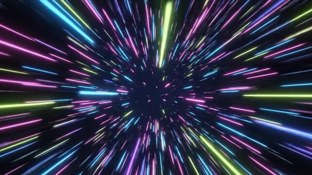 Pulsating neon light streaks radiate outward in vibrant, colorful cosmic explosion on black background