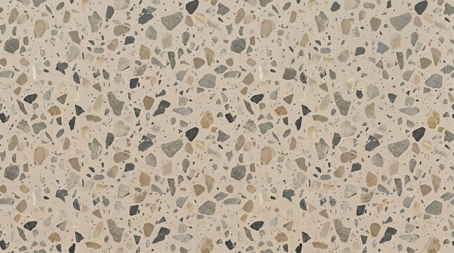 Terrazzo flooring texture with beige and brown stone chips, polished concrete surface background, seamless mosaic pattern for interior design
