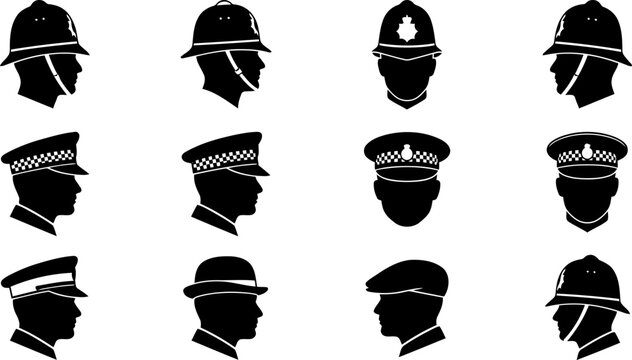 Set of police officer head silhouettes wearing different types of uniform hats