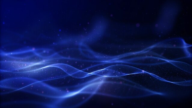 Abstract blue flowing wave background with glowing light trails, soft gradient curves, sparkling particles, futuristic technology design, elegant motion effect, high resolution
