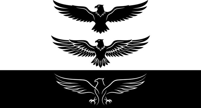 Set of eagle logos, heraldic eagles with spread wings, vector illustration
