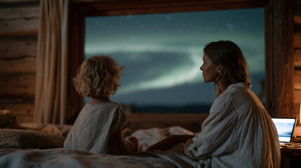 Obraz premium Child pointing upward through modest bedroom window at glowing auroral curtain arcing across rural sky, parent kneeling beside her explaining geomagnetic storm origin while