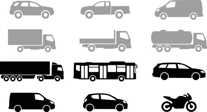 Set of different types of vehicles icons, including cars, trucks, bus and motorcycle