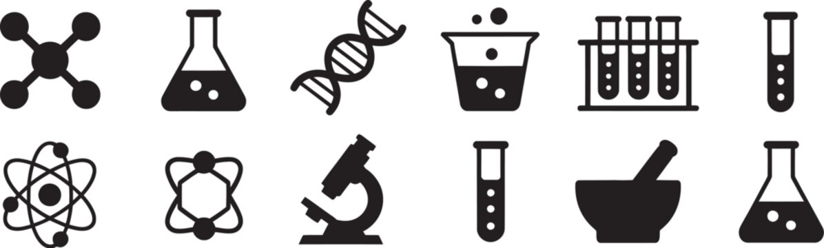 Science laboratory icon set with chemistry flasks, glassware containers, beakers and experiment equipment illustrations for scientific research, education and healthcare applications.