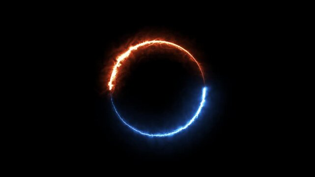 Glowing fire and ice energy ring rotating on black background, abstract dual circle motion