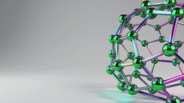 ゆっくりと回転しながら浮かぶ、玉虫色の緑と紫の鮮やかな3D幾何学ナノ構造