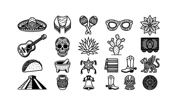 Premium Mexican culture icon pack with 20 black and white vector illustrations