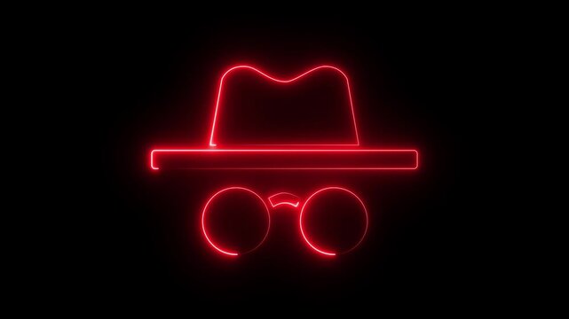 Neon incognito icon isolated on black background. Incognito mode icon animation.