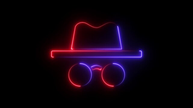Neon incognito icon isolated on black background. Incognito mode icon animation.
