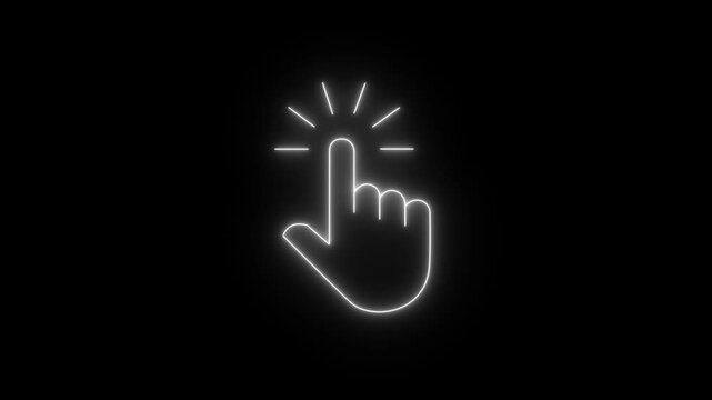 Glowing neon hand mouse cursor icon on black background. hand cursor with click and accent. Mouse pointer hand click icon animation.