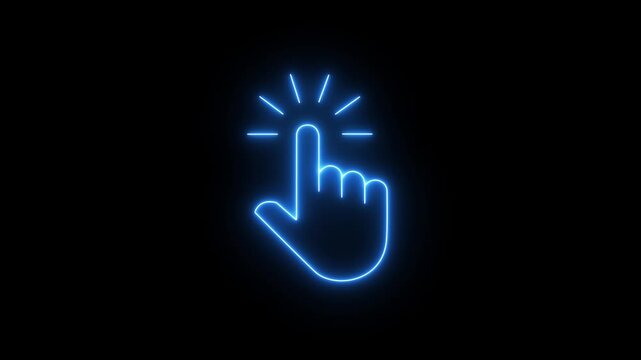 Glowing neon hand mouse cursor icon on black background. hand cursor with click and accent. Mouse pointer hand click icon animation.
