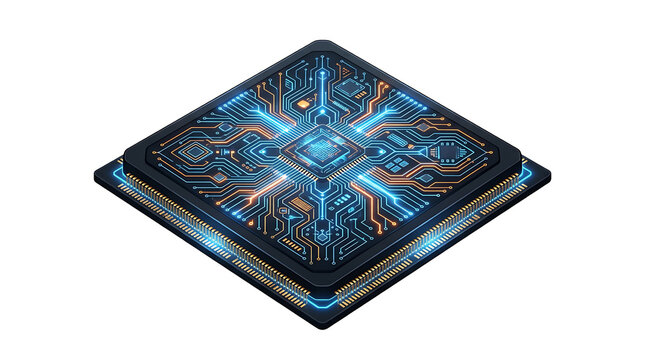Isometric digital computing processor chip with glowing data circuitry paths