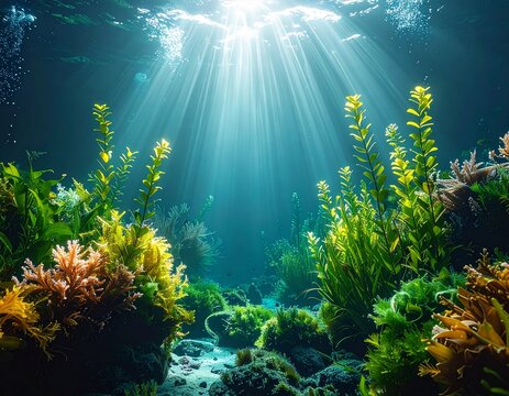 Underwater coral reef scene with tropical fish and scuba diver in the Red Sea Egypt with sunlight rays over marine life and sandy ocean floor