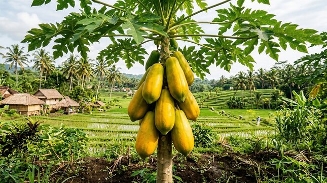 Papaya tree with fruit in tropical field landscape