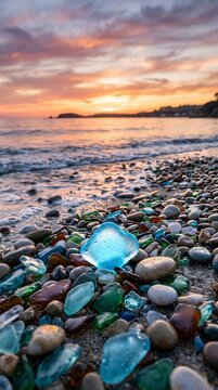 Sea glass on beach at sunset with colorful pebbles and calm sea