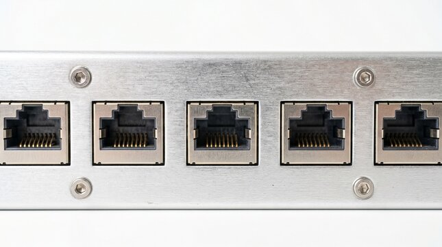 Close up view of high speed metallic network switch ports in a server rack front panel featuring horizontal RJ45 Ethernet connection jacks for enterprise networking and data communications i