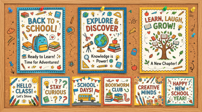 Educational School Bulletin Board Poster Collection Featuring Inspirational Back-to-School Quotes and Classroom Learning Doodles