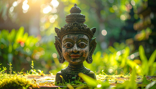 Stone sculpture in lush garden setting with sunlight and vibrant green foliage
