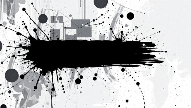 A dynamic black and white abstract composition features a bold central ink stroke surrounded by varied dots, splatters,