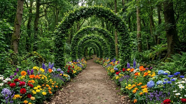 Colorful garden pathway with floral archway and vibrant flowers