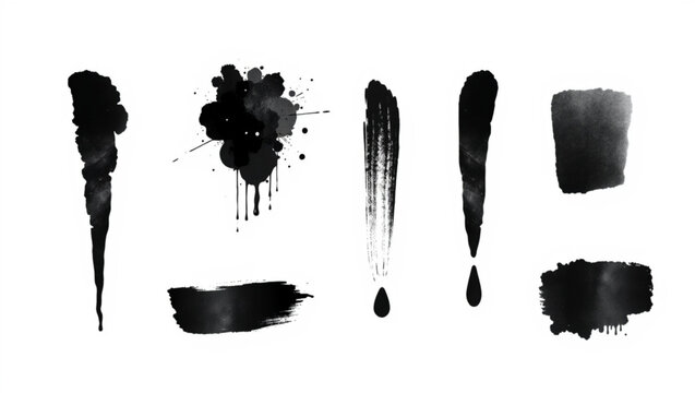Abstract black ink art with splatters, drips, brush strokes and smudges on pure white background, showcasing various tex
