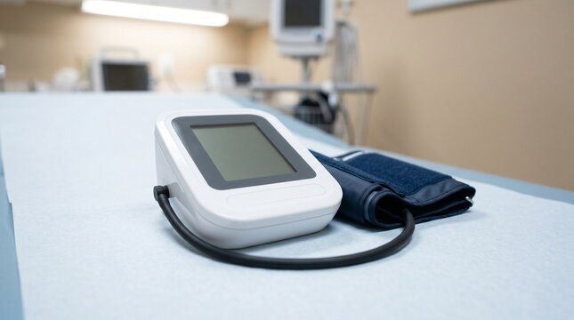 Digital blood pressure monitor with cuff resting on a sterile examination table in a clean modern medical clinic setting professional diagnostic equipment for healthcare checkups and health 