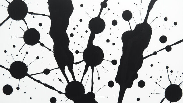 Black abstract pattern with ink drops and thin lines splashing and connecting on white background, forming dynamic neuro