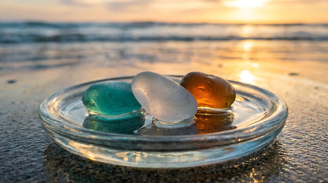Collection of smooth sea glass pebbles in a clear dish at sunset beach