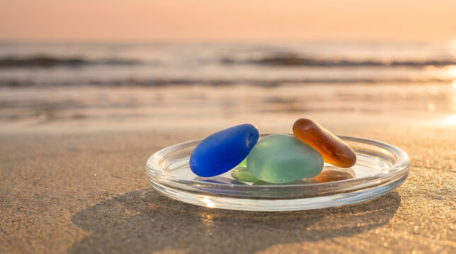Colorful sea glass pebbles arranged on a clear dish on a sandy beach at sunset