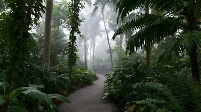 A tranquil tropical jungle path is enveloped in gentle fog and lush vines creating a serene and atmospheric landscape
