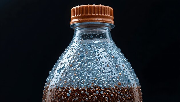 Cold plastic bottle of refreshing water with condensation drops on black background. 2 liter soda