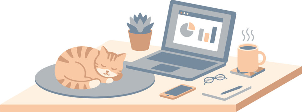 Sleeping Cat Beside Laptop and Coffee in Home Office Flat Vector Illustration