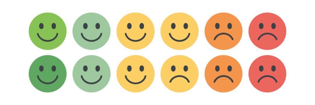 Facial Expression Feedback Icons, Five Rating Satisfaction Levels for Reviews and Customer Experience