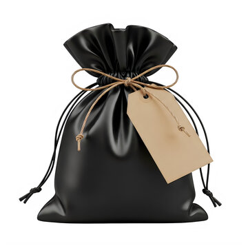 Black fabric gift pouch with twine and tag