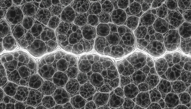 Extreme Macro Black and White Microscopic View of Plant Cell Structure Showing Cellular Tissue Cross Section with Glowing Cell Walls