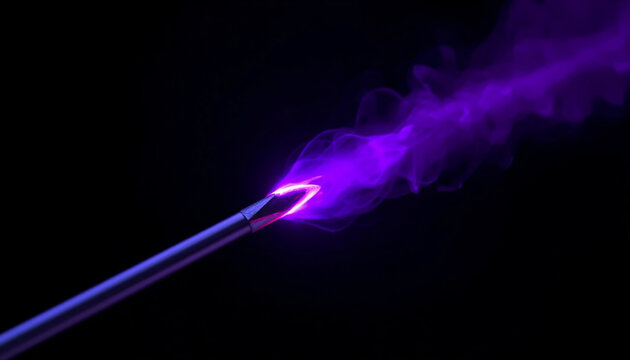 Dramatic Macro Close Up of Glowing Purple Plasma and Smoke Emanating from Sharp Metal Needle Tip on Black Background