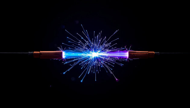Spectacular Blue Purple Electric Spark Explosion Between Two Copper Wire Ends Creating Starburst Pattern on Black Background