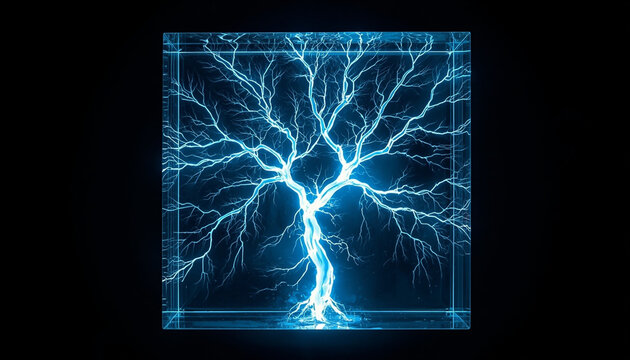 Glowing Blue Electric Lightning Tree Pattern Captured Inside Transparent Glass Cube on Black Background Lichtenberg Figure Art