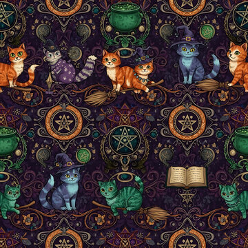 Witchy cat pattern with mystical feline characters in wizard hats sitting on brooms with cauldrons and magic symbols over dark purple background texture.