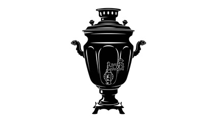 Ornate Russian Samovar: A detailed, classic Russian samovar, rendered in a striking black silhouette, stands ready to brew tea. © Susmita