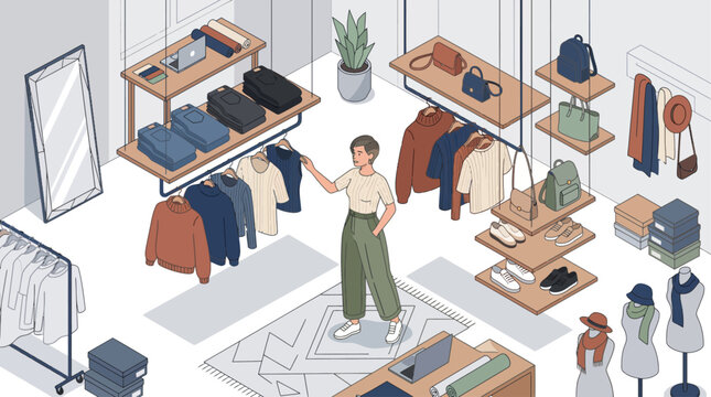 A woman stands in a modern clothing boutique, surrounded by racks of apparel, accessories, and displays.