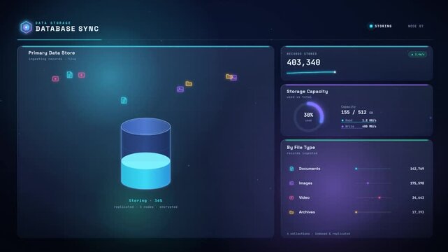 Futuristic database sync dashboard with data storage cylinder filling and rising metrics