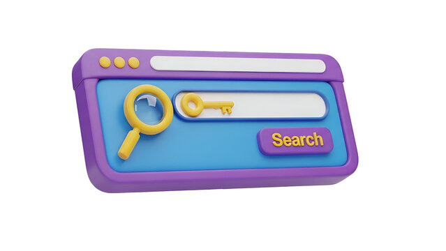 Three dimensional browser window featuring a magnifying glass and a golden key representing internet search engine optimization and digital security