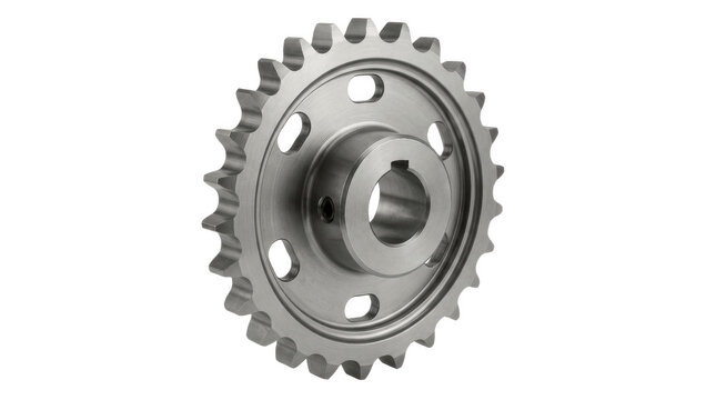 Metal sprocket gear with central hub bore, teeth and mounting holes for chain drive machinery, transmission repair and mechanical assembly jobs

