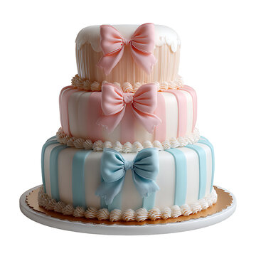 Three tiered pastel cake with pink and blue bows. perfect for baby showers or celebrations. 3D ren