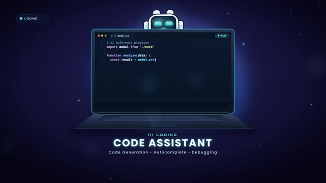AI robot coding assistant writing program code on laptop with build passed status