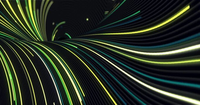 Abstract neon light trails curve through a futuristic tunnel, creating a dynamic digital technology background.