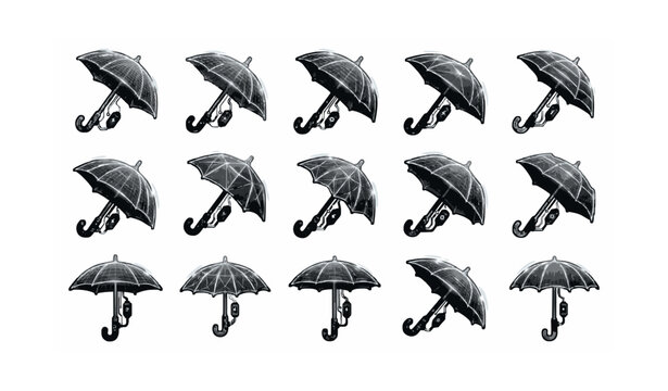 Futuristic smart umbrella vector icon set cyber tech solar panel parasol black and white illustration